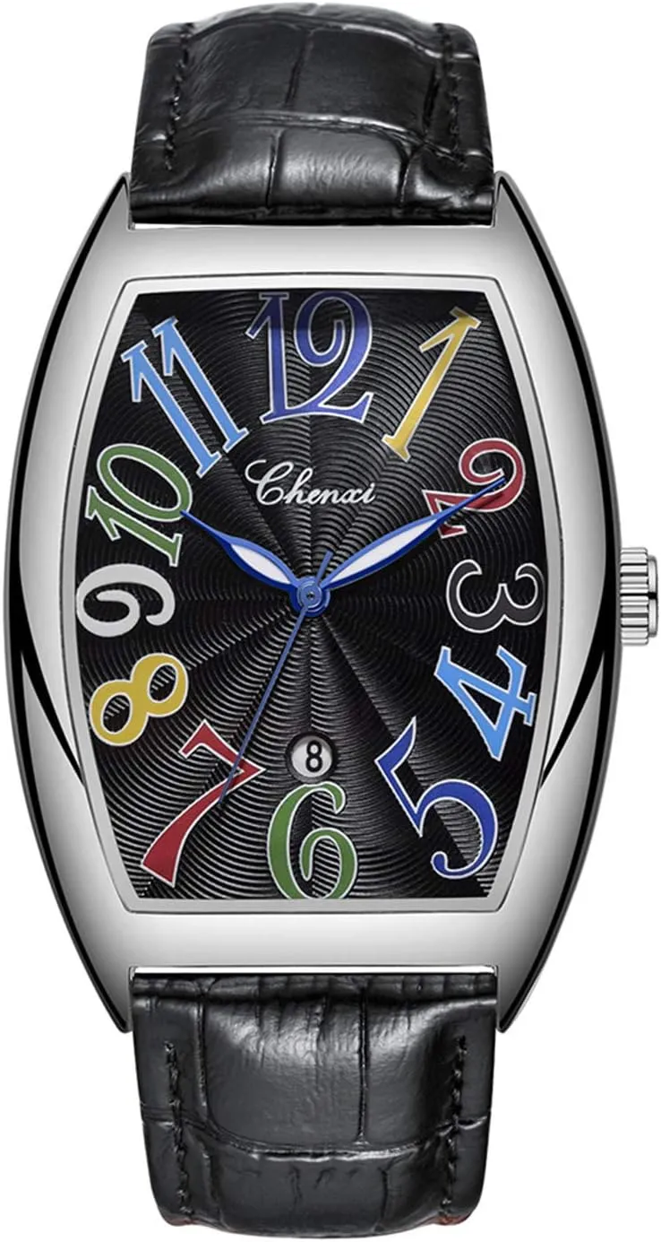 MASTOP Luxury Men's Business Watch Waterproof Luminous Calendar Casual Rectangular Leather Quartz Watches (Black Silver)