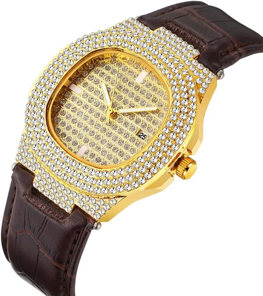 MASTOP Mens Fashion Leather Band Full Diamonds Wristwatch Luxury Business Dress Watch Bling Iced-Out Quartz Analog Watch