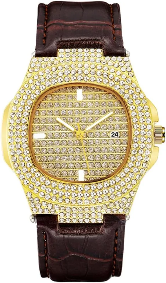 MASTOP Mens Fashion Leather Band Full Diamonds Wristwatch Luxury Business Dress Watch Bling Iced-Out Quartz Analog Watch