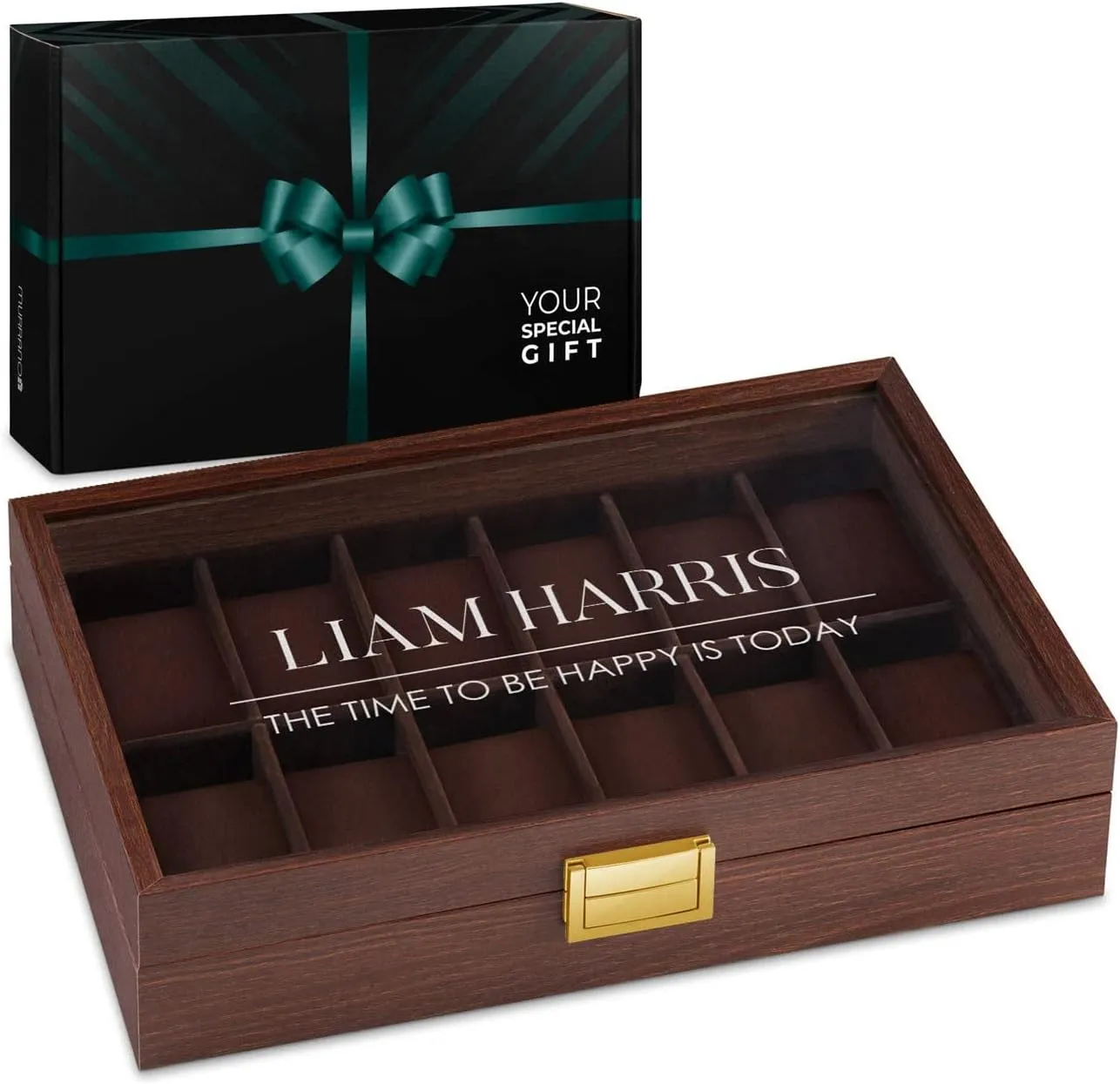 Maverton Wooden Rectangular Watch Case for him - Transparent Engraved Glass Top - For 12 Watches - For Elegant Men - Birthday - Storage box for dad - Be Happy