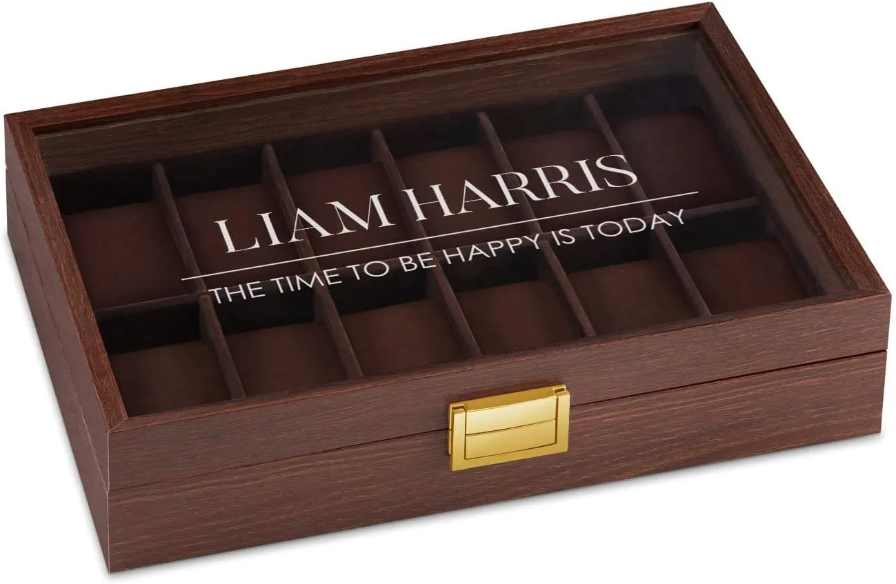 Maverton Wooden Rectangular Watch Case for him - Transparent Engraved Glass Top - For 12 Watches - For Elegant Men - Birthday - Storage box for dad - Be Happy