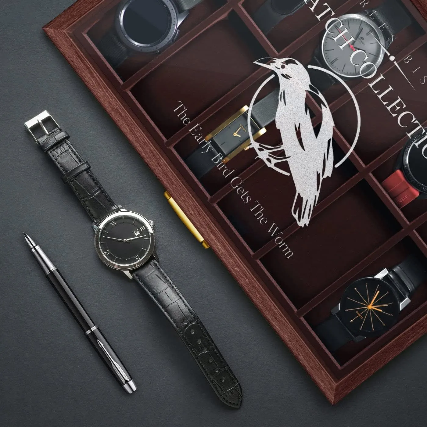 Maverton Wooden Rectangular Watch Case for him - Transparent Engraved Glass Top - For 12 Watches - For Elegant Men - Birthday - Storage box for dad - Bird