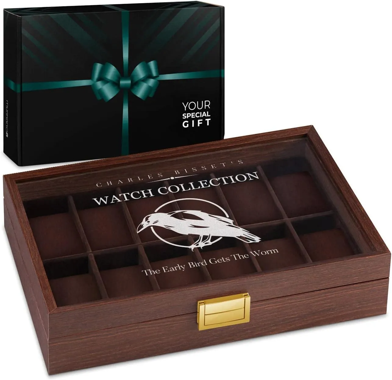 Maverton Wooden Rectangular Watch Case for him - Transparent Engraved Glass Top - For 12 Watches - For Elegant Men - Birthday - Storage box for dad - Bird