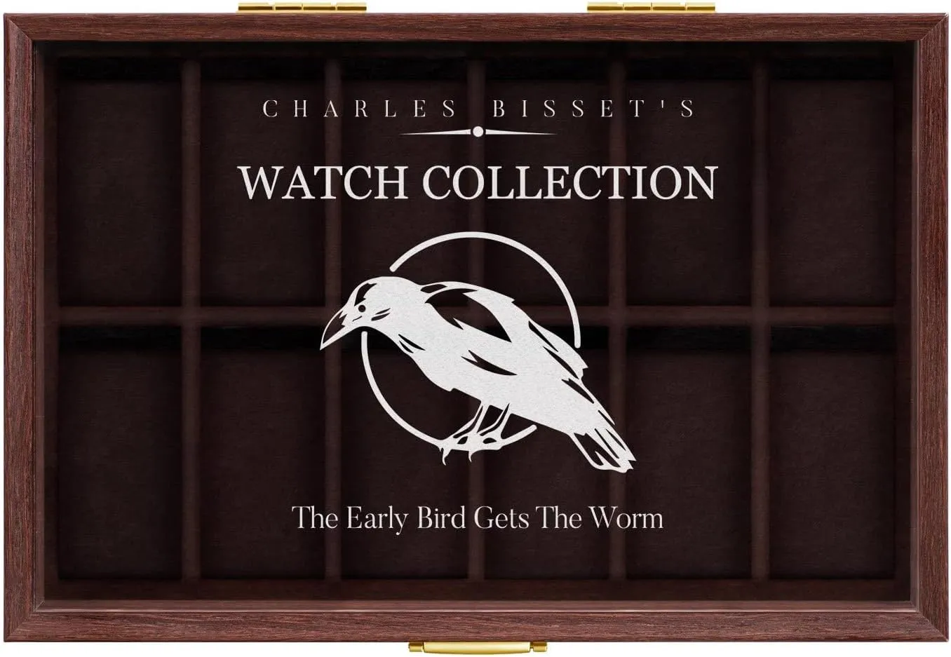 Maverton Wooden Rectangular Watch Case for him - Transparent Engraved Glass Top - For 12 Watches - For Elegant Men - Birthday - Storage box for dad - Bird
