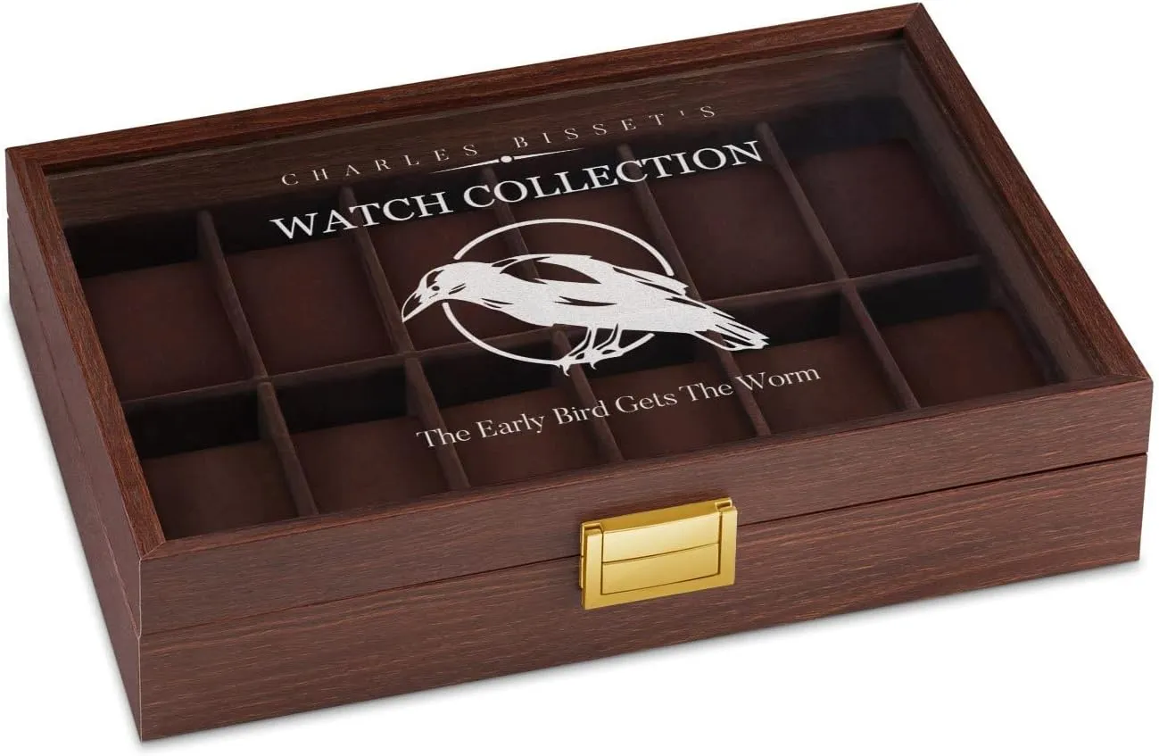 Maverton Wooden Rectangular Watch Case for him - Transparent Engraved Glass Top - For 12 Watches - For Elegant Men - Birthday - Storage box for dad - Bird