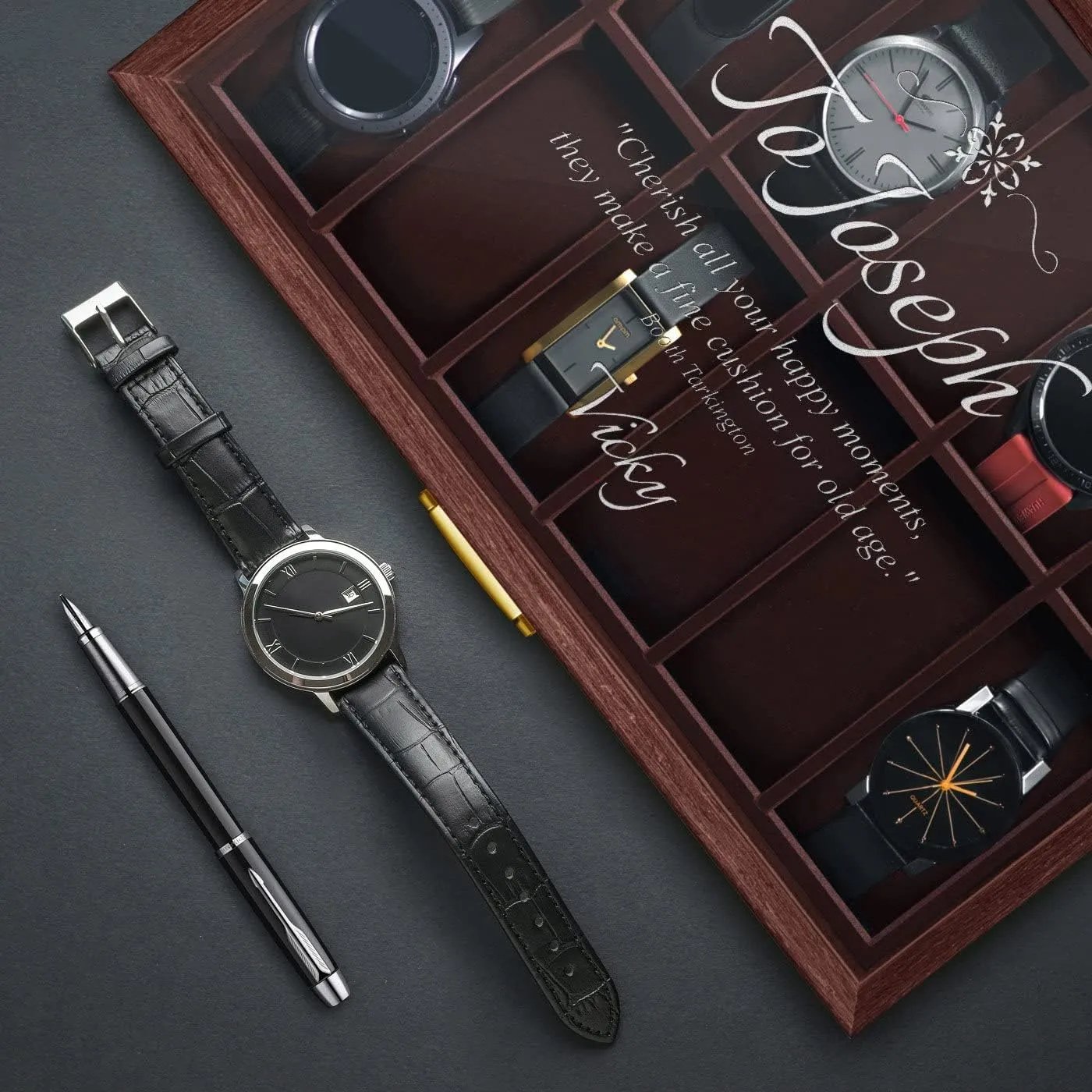 Maverton Wooden Rectangular Watch Case for him - Transparent Engraved Glass Top - For 12 Watches - For Elegant Men - Birthday - Storage box for dad - Message