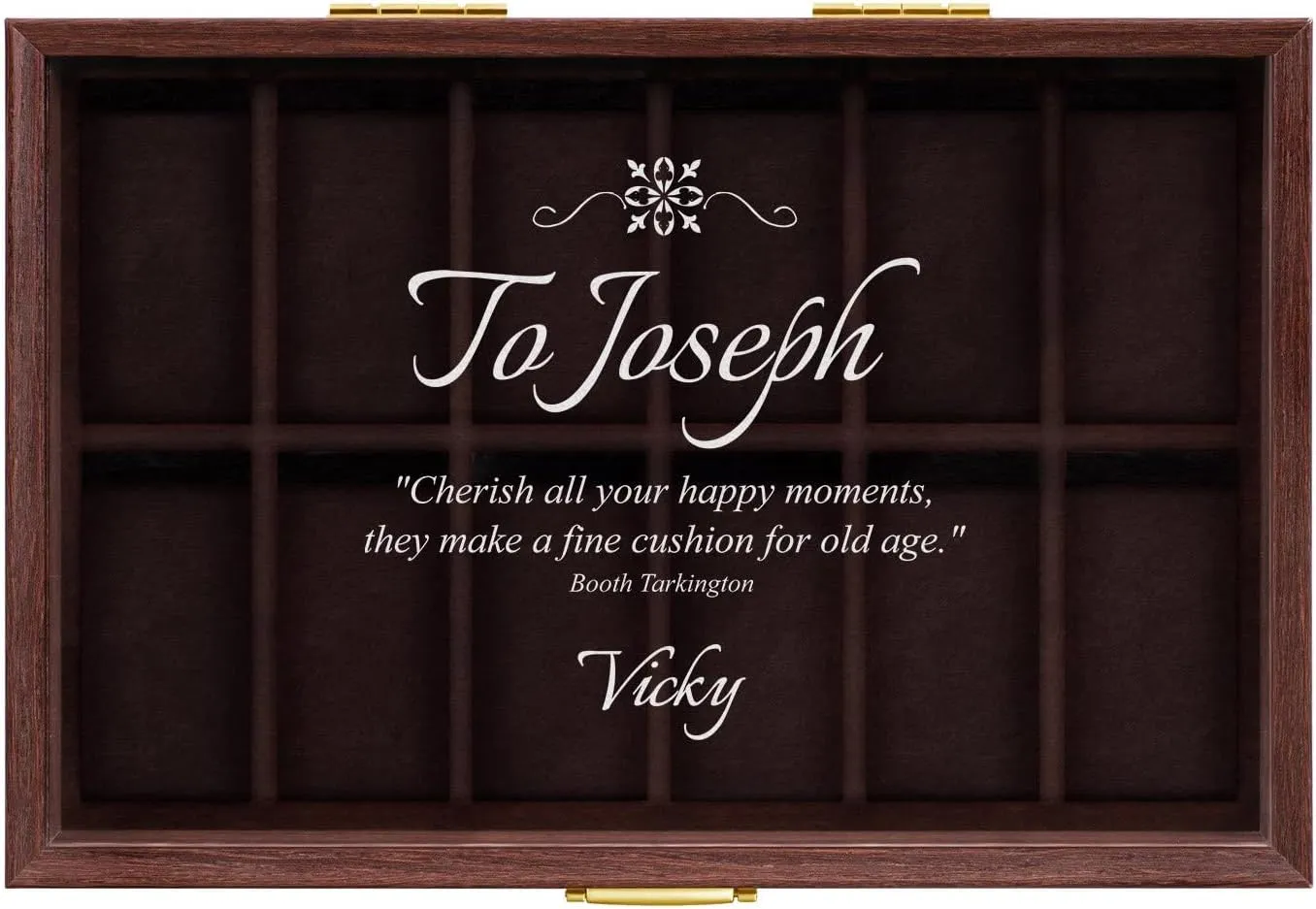 Maverton Wooden Rectangular Watch Case for him - Transparent Engraved Glass Top - For 12 Watches - For Elegant Men - Birthday - Storage box for dad - Message