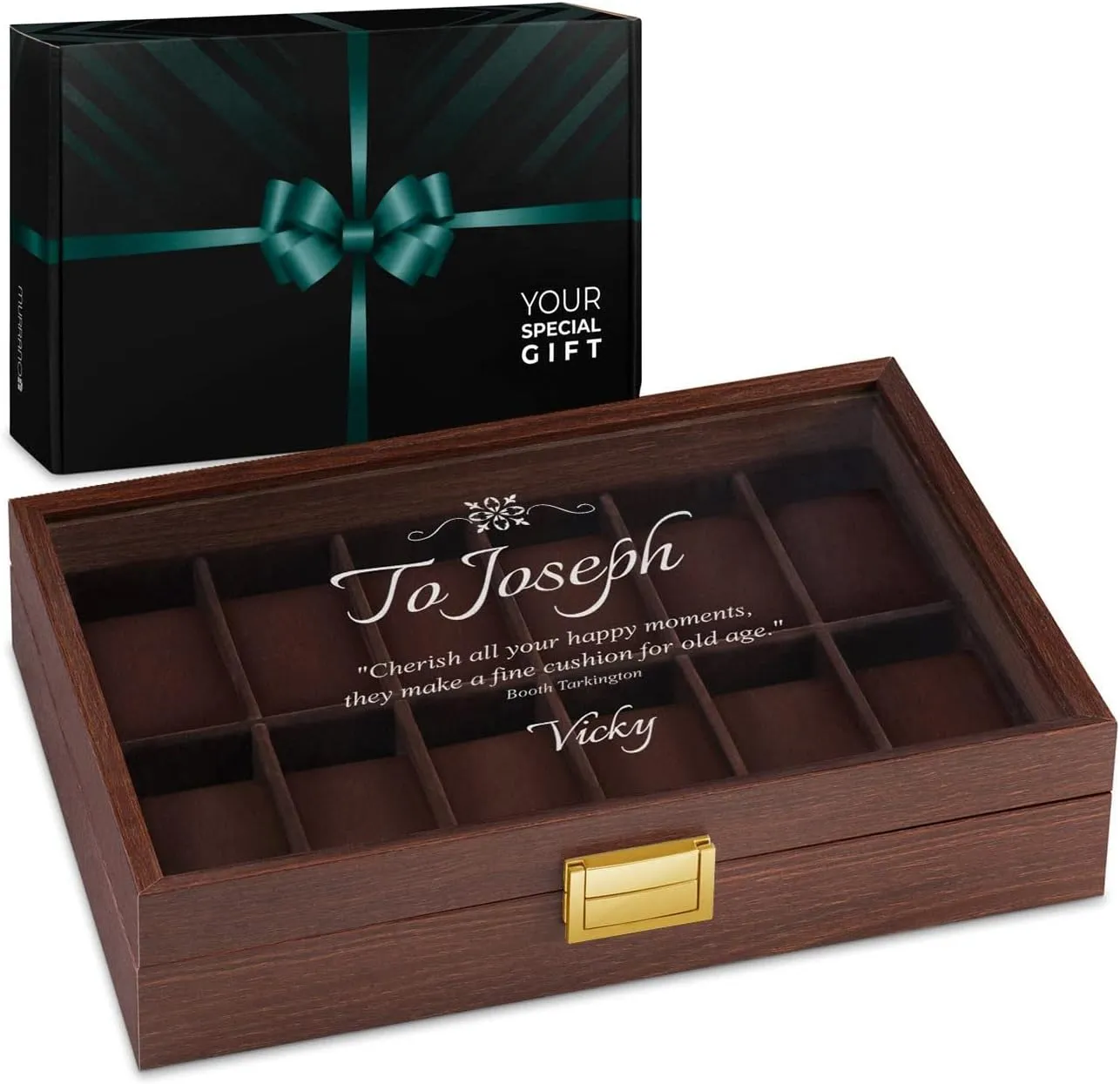 Maverton Wooden Rectangular Watch Case for him - Transparent Engraved Glass Top - For 12 Watches - For Elegant Men - Birthday - Storage box for dad - Message