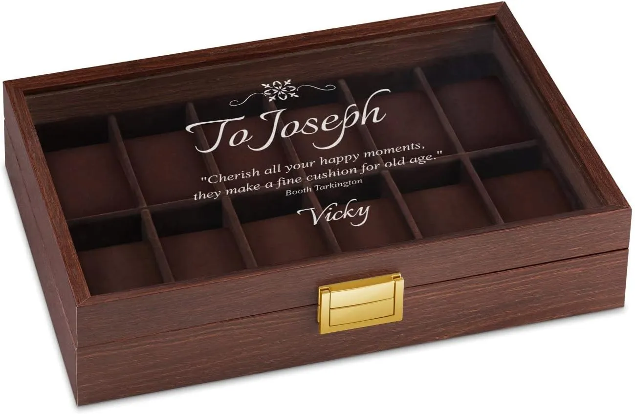 Maverton Wooden Rectangular Watch Case for him - Transparent Engraved Glass Top - For 12 Watches - For Elegant Men - Birthday - Storage box for dad - Message