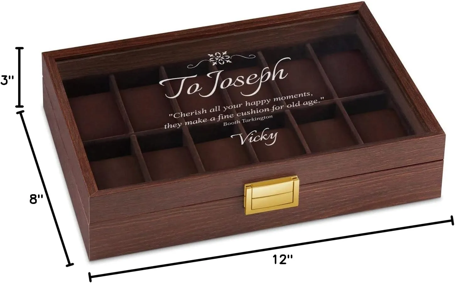 Maverton Wooden Rectangular Watch Case for him - Transparent Engraved Glass Top - For 12 Watches - For Elegant Men - Birthday - Storage box for dad - Message