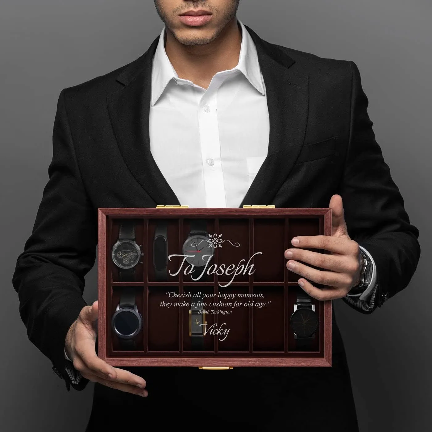 Maverton Wooden Rectangular Watch Case for him - Transparent Engraved Glass Top - For 12 Watches - For Elegant Men - Birthday - Storage box for dad - Message