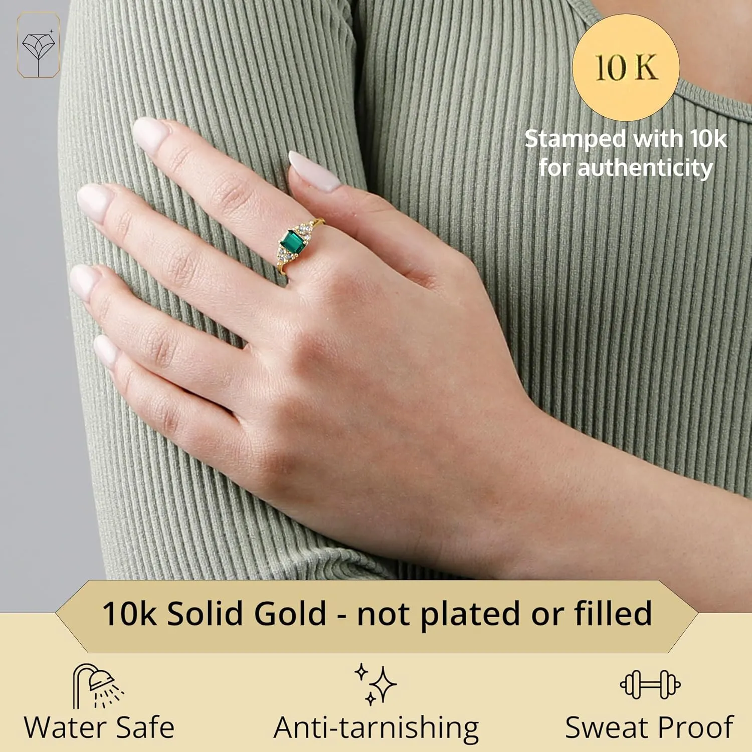 MAX   STONE 10k Gold Gemstone Rings for Women | Emerald Cut Birthstone Ring Anniversary Ring | Anti Tarnishing Cocktail Ring with Gift Box in Size 5 to 9