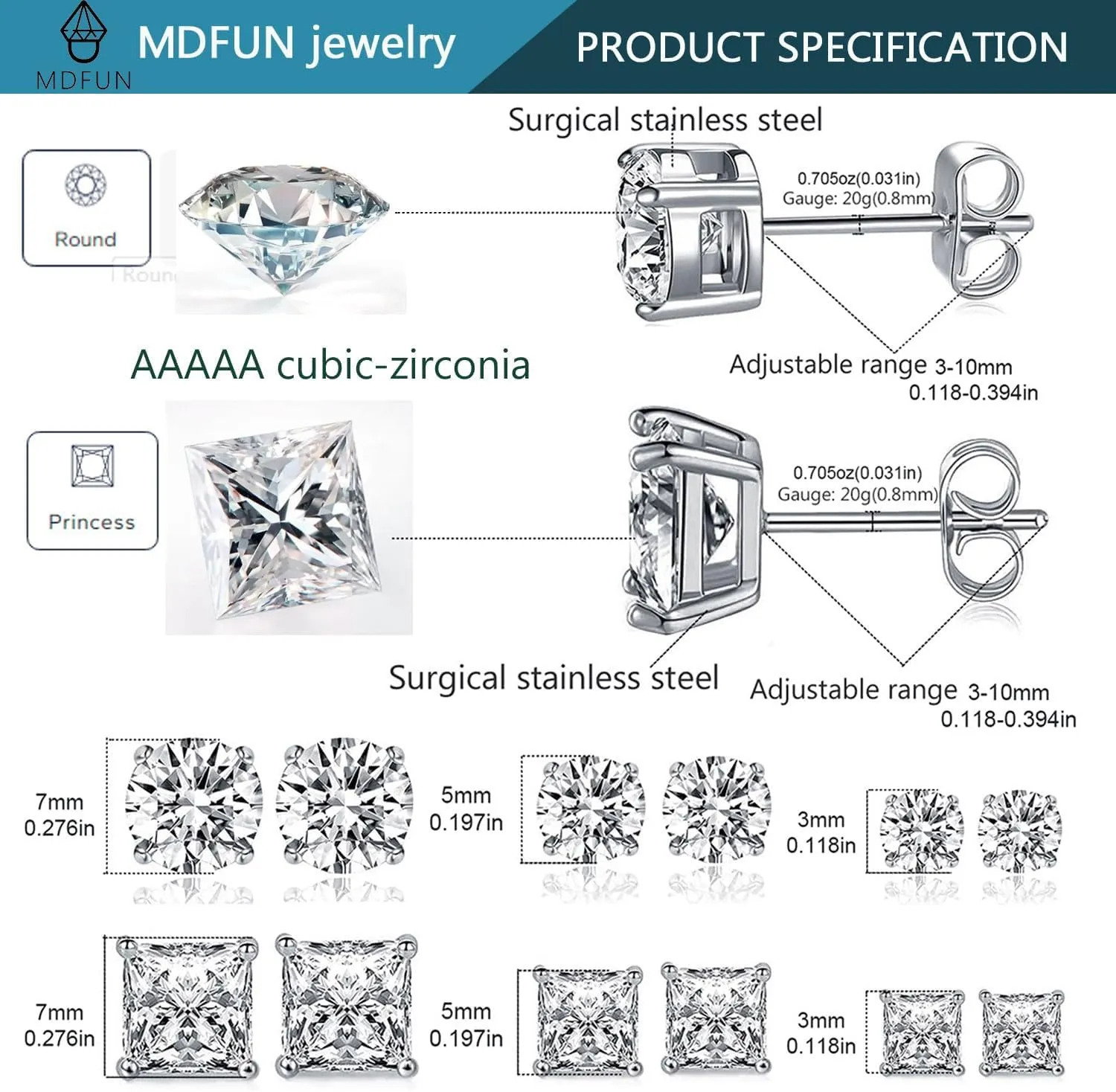 MDFUN 6 Pairs Stud Earrings Set 3mm/5mm/7mm Princess & Round Cubic Zirconia Earrings Hypoallergenic 316L Surgical Stainless Steel CZ Earrings for Women Men