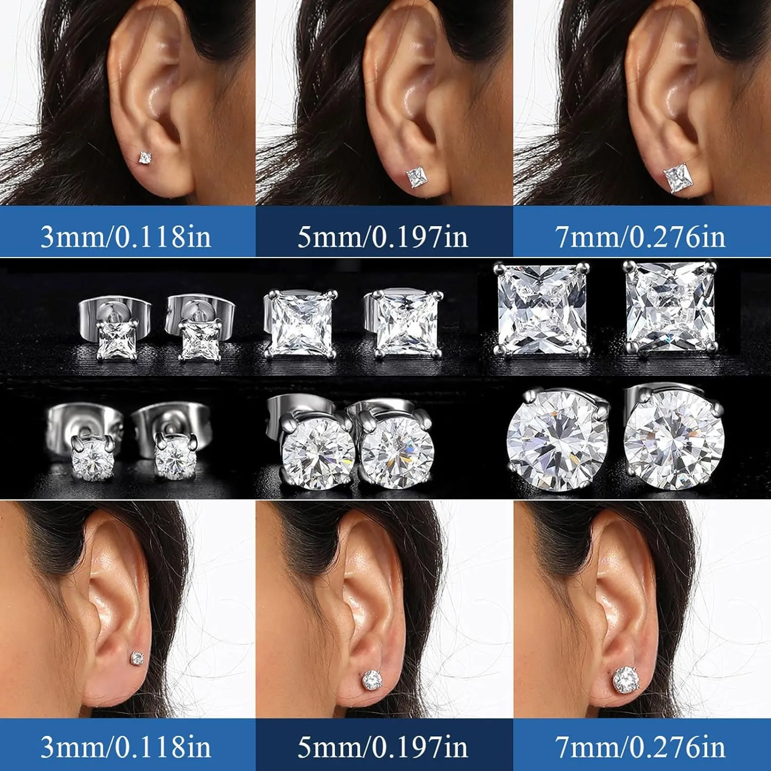 MDFUN 6 Pairs Stud Earrings Set 3mm/5mm/7mm Princess & Round Cubic Zirconia Earrings Hypoallergenic 316L Surgical Stainless Steel CZ Earrings for Women Men