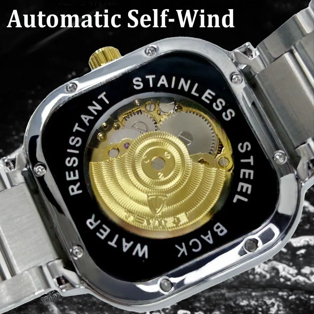 Mechanical Watch for Men Business Stainless Steel Automatic Watches Square Dial Skeleton Luminous Wristwatch Waterproof