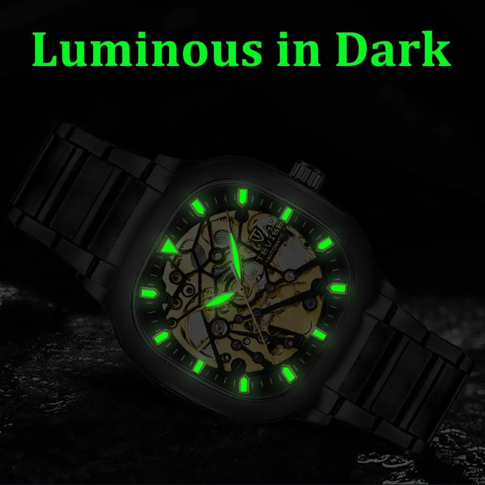 Mechanical Watch for Men Business Stainless Steel Automatic Watches Square Dial Skeleton Luminous Wristwatch Waterproof