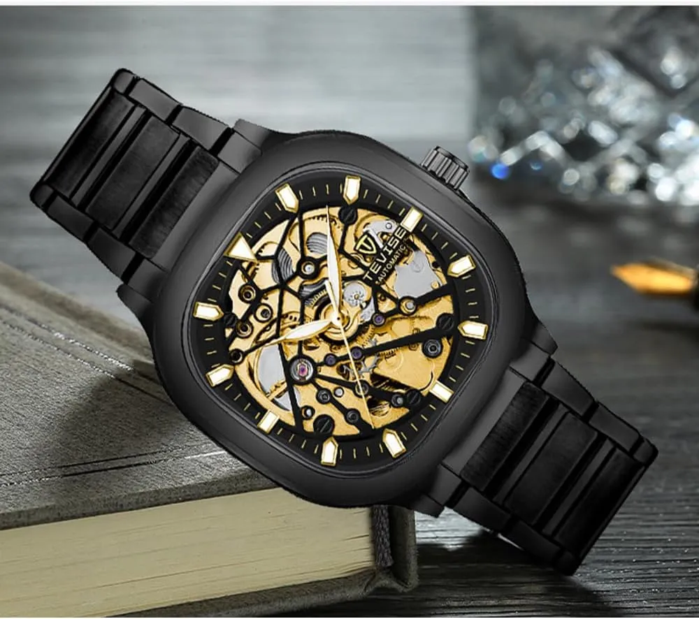 Mechanical Watch for Men Business Stainless Steel Automatic Watches Square Dial Skeleton Luminous Wristwatch Waterproof