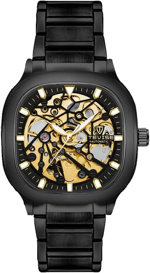 Mechanical Watch for Men Business Stainless Steel Automatic Watches Square Dial Skeleton Luminous Wristwatch Waterproof