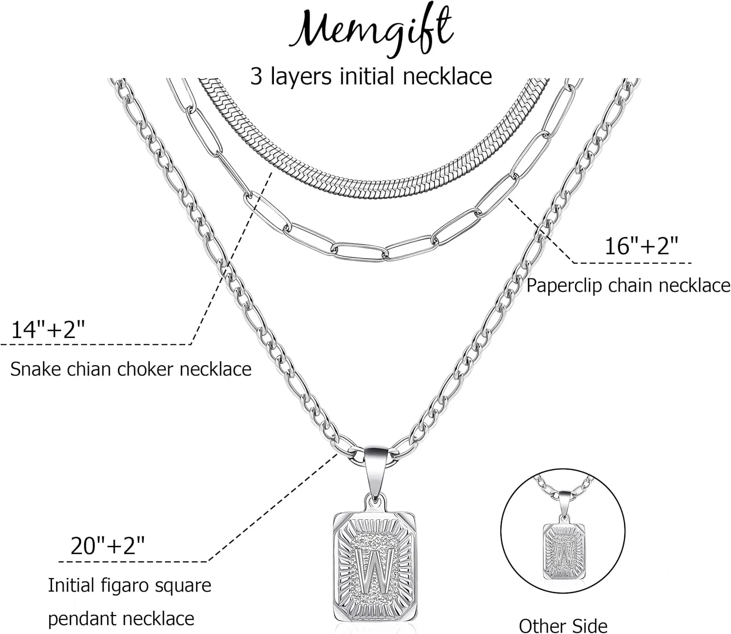 Memgift Gold Layered Necklace Set 3 PCS for Women Girls Dainty Trendy Paperclip Snake Choker Gold Filled Stainless Steel Figaro Chain Layering Necklaces Jewelry Gifts Square Pendant Letter A-Z