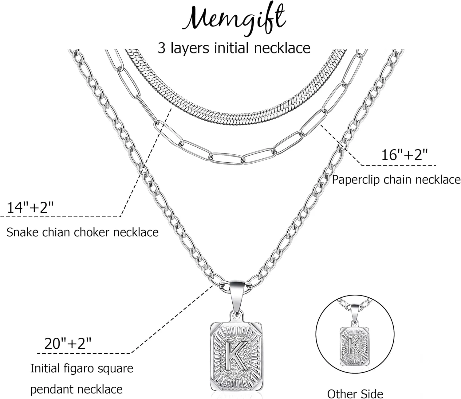 Memgift Gold Layered Necklace Set 3 PCS for Women Girls Dainty Trendy Paperclip Snake Choker Gold Filled Stainless Steel Figaro Chain Layering Necklaces Jewelry Gifts Square Pendant Letter A-Z