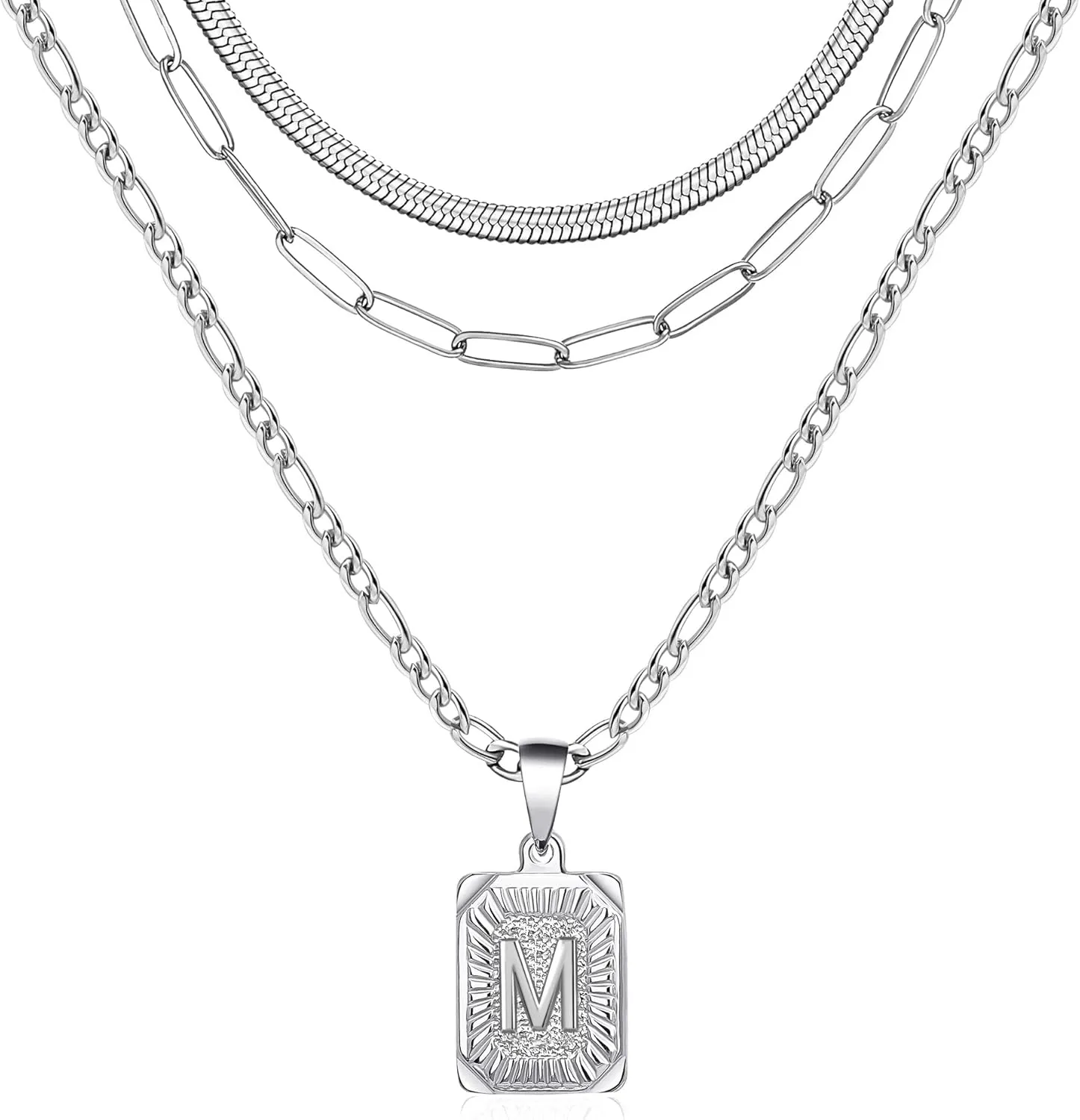 Memgift Gold Layered Necklace Set 3 PCS for Women Girls Dainty Trendy Paperclip Snake Choker Gold Filled Stainless Steel Figaro Chain Layering Necklaces Jewelry Gifts Square Pendant Letter A-Z