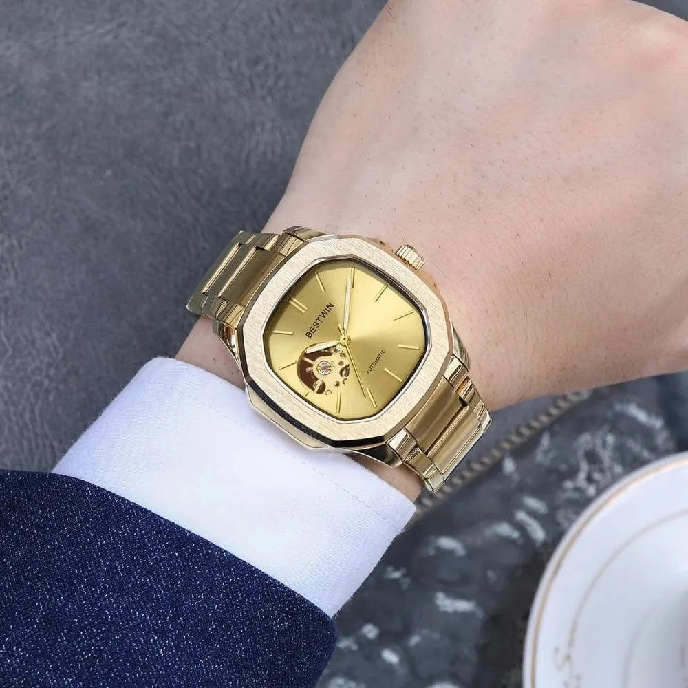 Men Automatic Mechanical Watch Square dial Stainless Steel Strap Wrist Watches for Men Waterproof Luminous Hand Watch