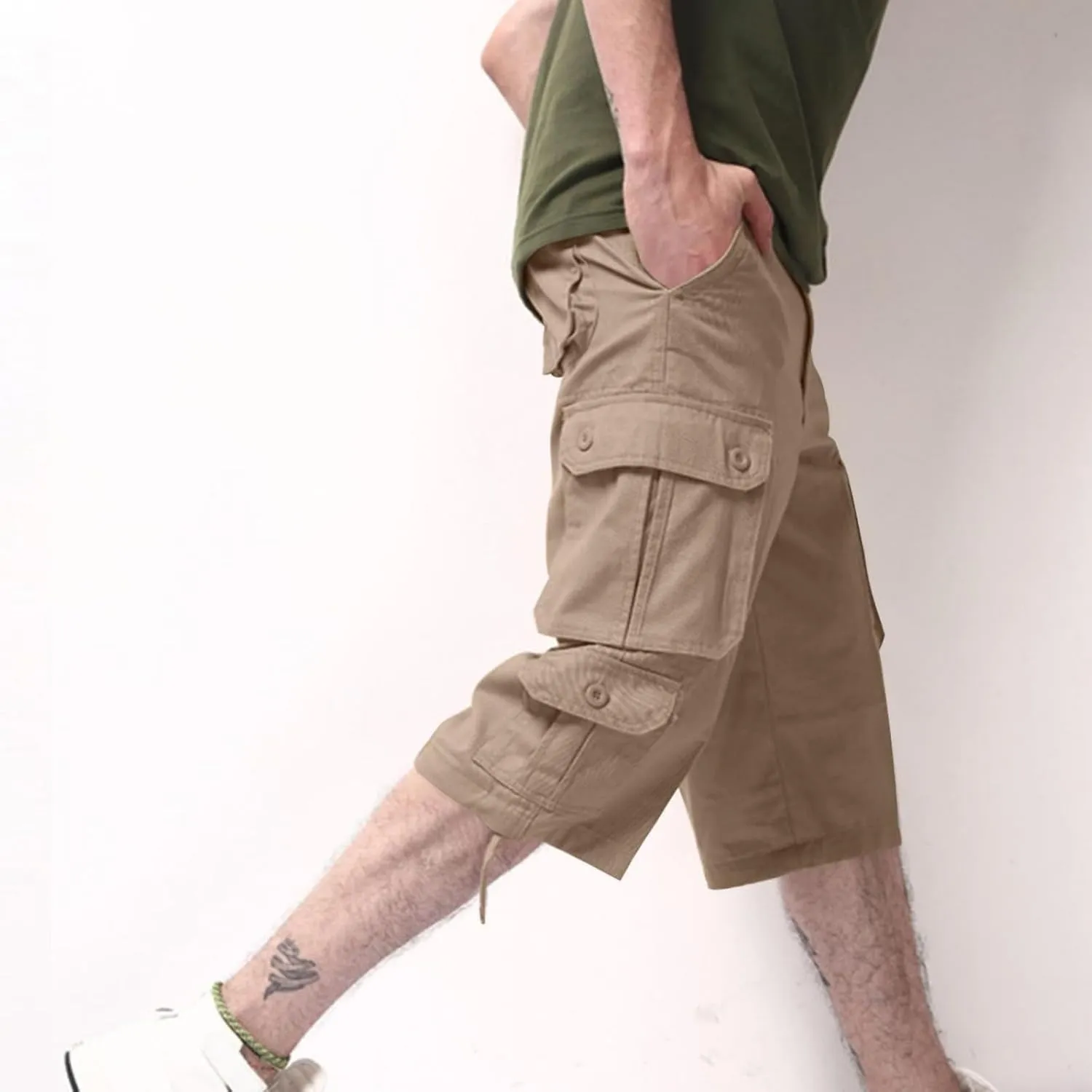 Men Outdoor Capris Pants Trendy Multiple Pockets Button Zipper up Cargo Pant Casual Fit Solid Baggy Vacation Trouser