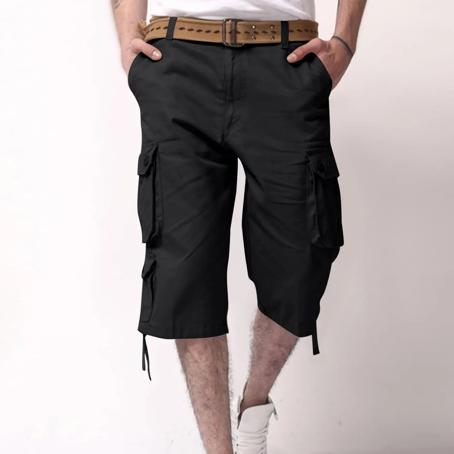 Men Outdoor Capris Pants Trendy Multiple Pockets Button Zipper up Cargo Pant Casual Fit Solid Baggy Vacation Trouser