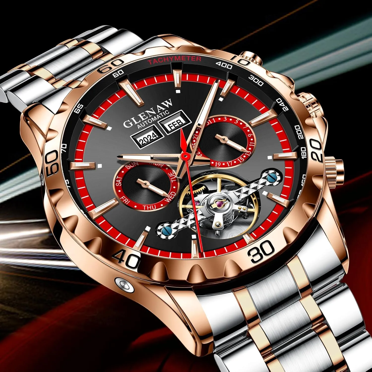 Mens Automatic Mechanical Watches Skeleton Tourbillon Day Date Luxury Self Winding Dress Wrist Watches Luminous