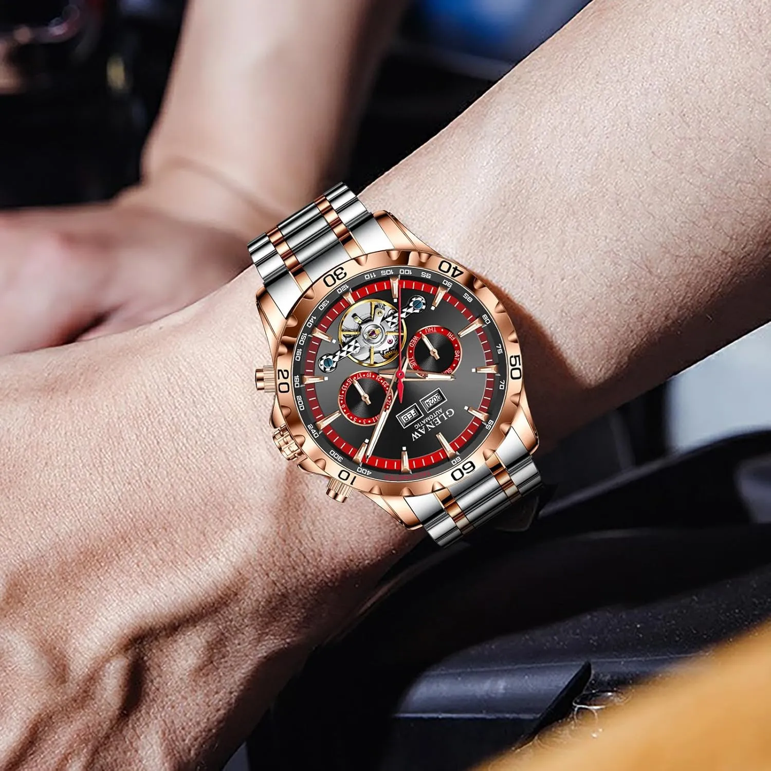Mens Automatic Mechanical Watches Skeleton Tourbillon Day Date Luxury Self Winding Dress Wrist Watches Luminous