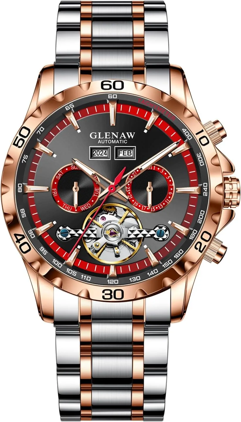 Mens Automatic Mechanical Watches Skeleton Tourbillon Day Date Luxury Self Winding Dress Wrist Watches Luminous