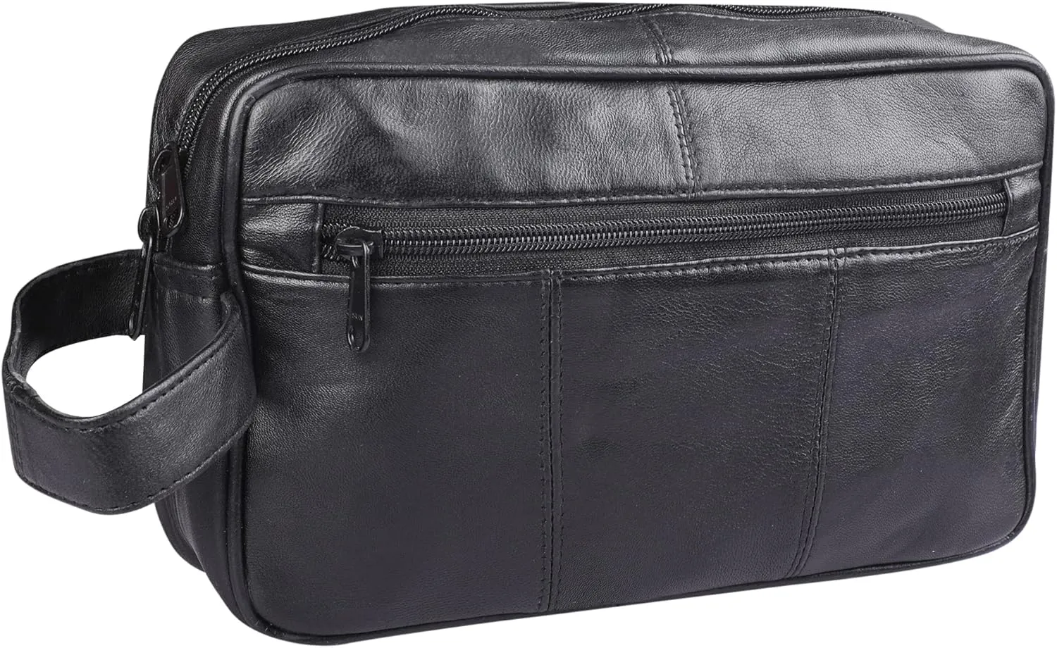 MEN'S GENUINE LEATHER TRAVEL WASH GYM TOILETRY BAG (BLACK) - 3510