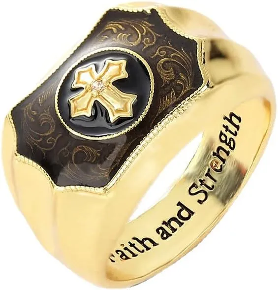 Men's Rings, Gold Ring 18K Gold Rings Plated Brass Black Onyx Cross Faith and Strength Men's Rings Cross Ring Wedding Band Bible Engraved Rings High Polished10