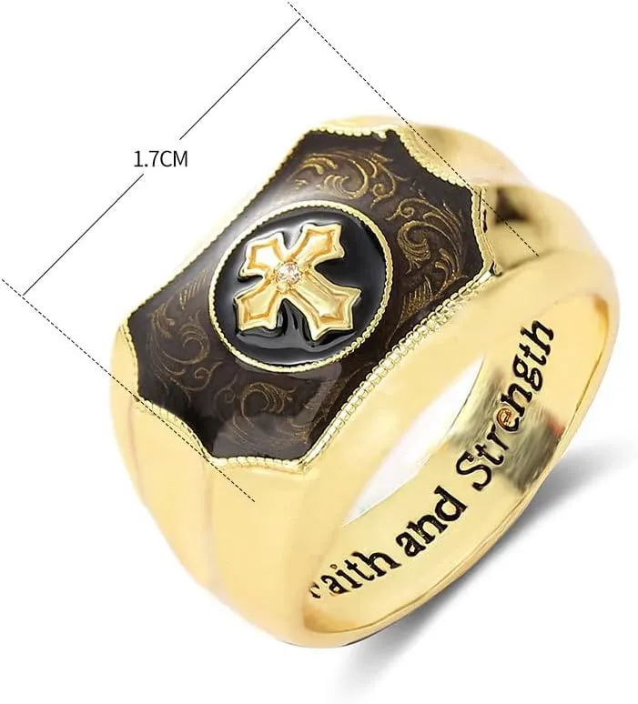 Men's Rings, Gold Ring 18K Gold Rings Plated Brass Black Onyx Cross Faith and Strength Men's Rings Cross Ring Wedding Band Bible Engraved Rings High Polished10