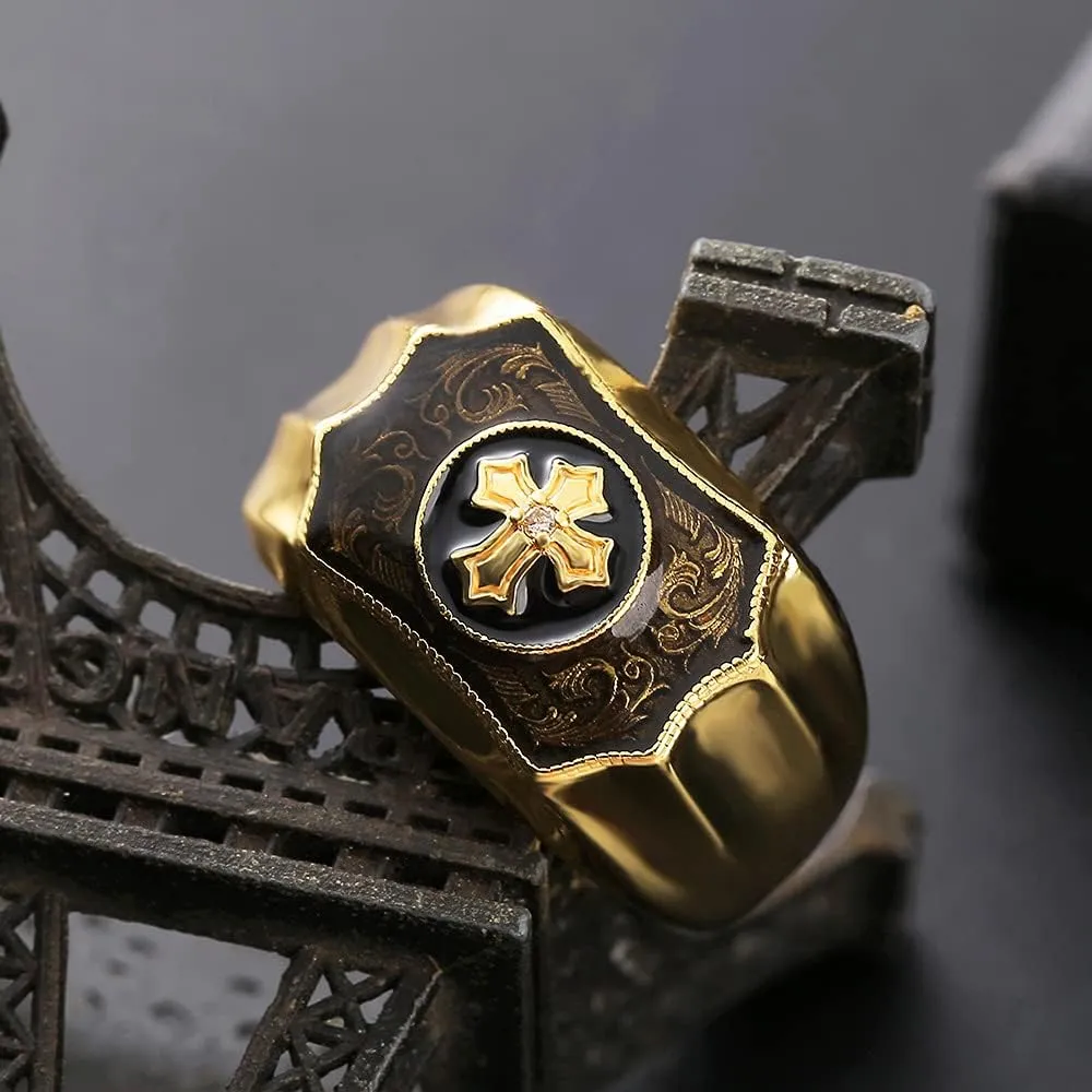 Men's Rings, Gold Ring 18K Gold Rings Plated Brass Black Onyx Cross Faith and Strength Men's Rings Cross Ring Wedding Band Bible Engraved Rings High Polished10