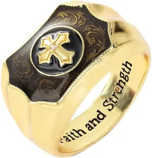 Men's Rings, Gold Ring 18K Gold Rings Plated Brass Black Onyx Cross Faith and Strength Men's Rings Cross Ring Wedding Band Bible Engraved Rings High Polished10