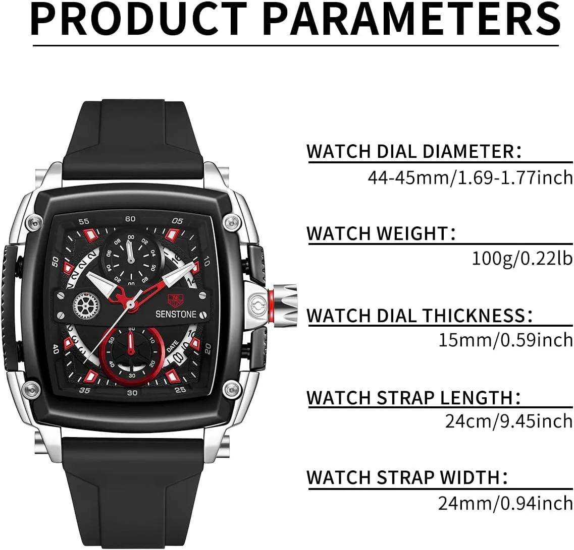 Mens Watch Square Fashion Sports Multifunction Chronograph Quartz Analog Wristwatch Gift for Men Rubber Band Silicone Strap Watches