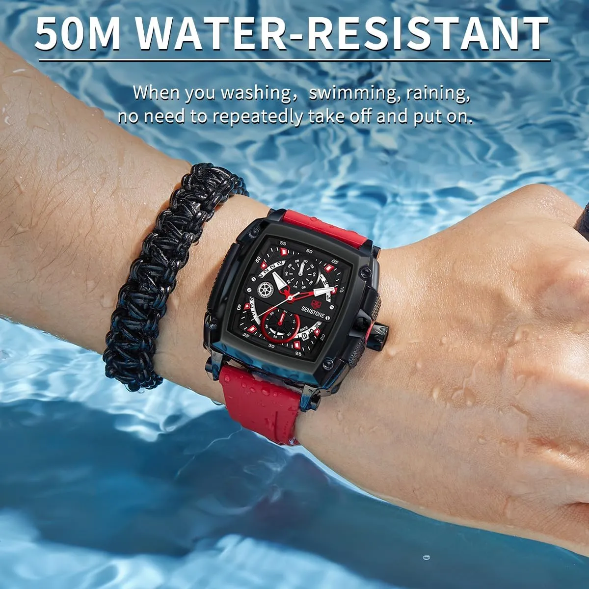 Mens Watch Square Fashion Sports Multifunction Chronograph Quartz Analog Wristwatch Gift for Men Rubber Band Silicone Strap Watches