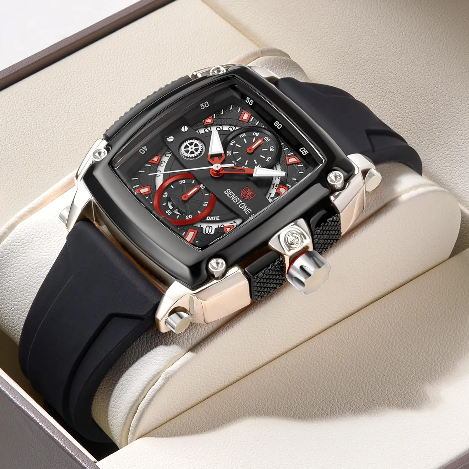 Mens Watch Square Fashion Sports Multifunction Chronograph Quartz Analog Wristwatch Gift for Men Rubber Band Silicone Strap Watches