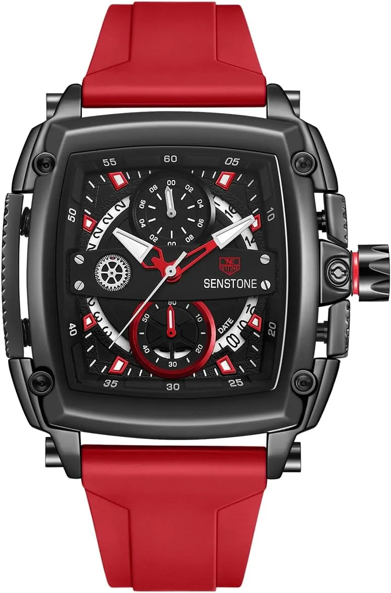 Mens Watch Square Fashion Sports Multifunction Chronograph Quartz Analog Wristwatch Gift for Men Rubber Band Silicone Strap Watches