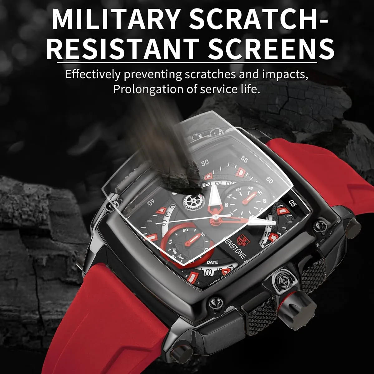Mens Watch Square Fashion Sports Multifunction Chronograph Quartz Analog Wristwatch Gift for Men Rubber Band Silicone Strap Watches