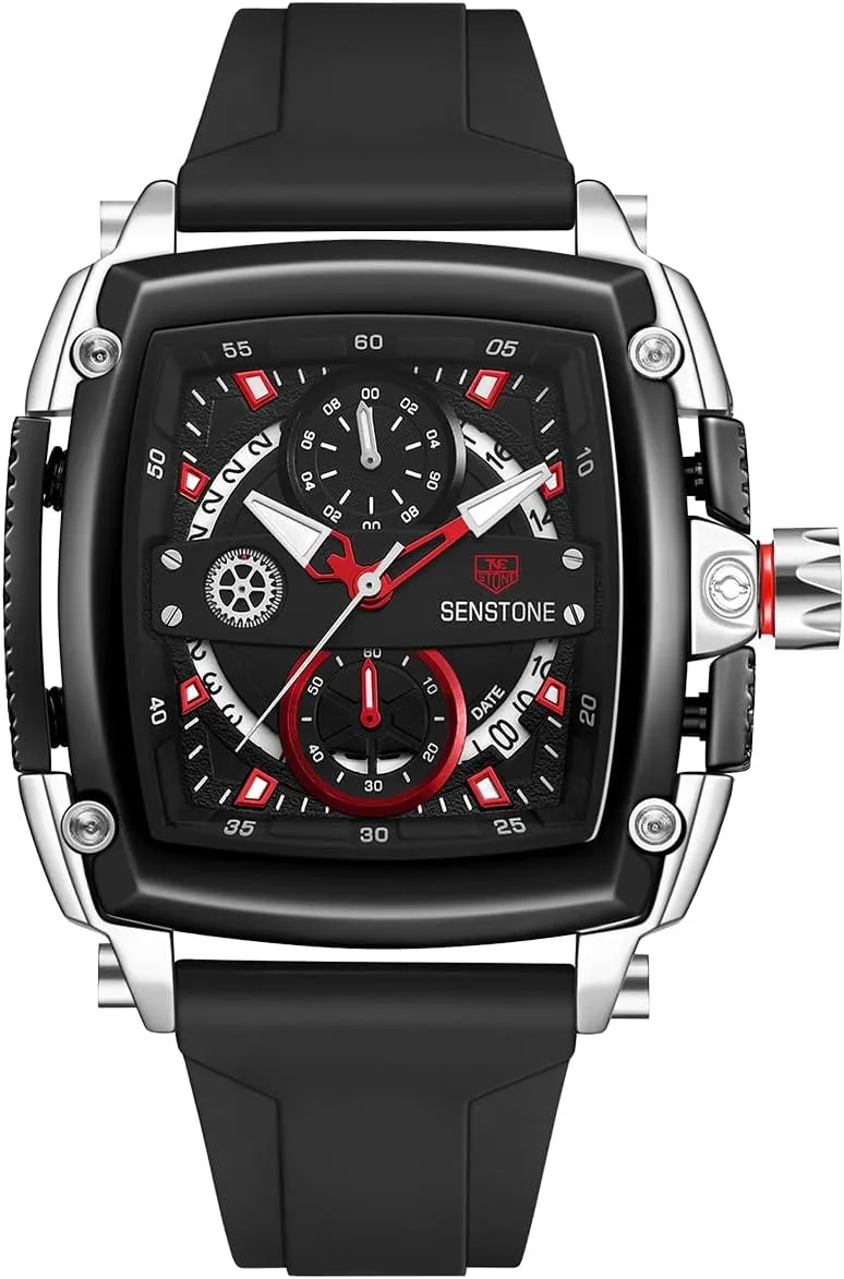 Mens Watch Square Fashion Sports Multifunction Chronograph Quartz Analog Wristwatch Gift for Men Rubber Band Silicone Strap Watches