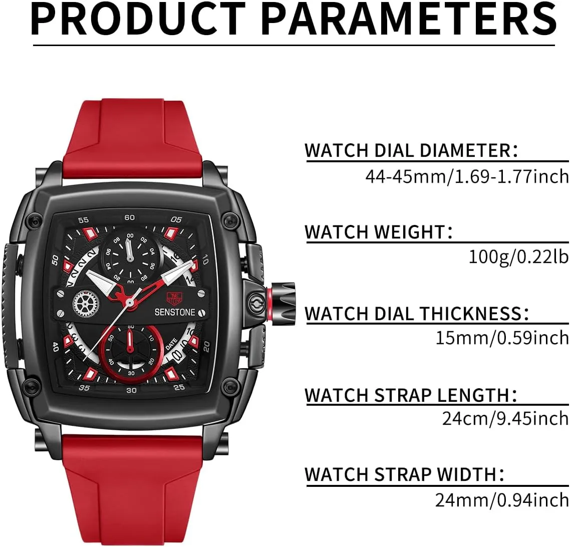 Mens Watch Square Fashion Sports Multifunction Chronograph Quartz Analog Wristwatch Gift for Men Rubber Band Silicone Strap Watches