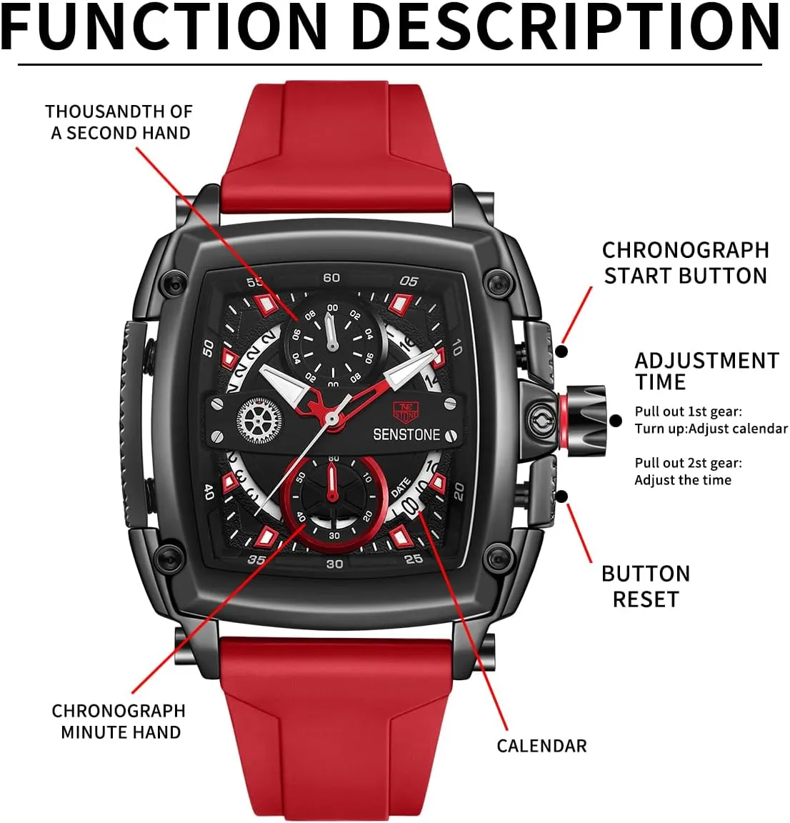 Mens Watch Square Fashion Sports Multifunction Chronograph Quartz Analog Wristwatch Gift for Men Rubber Band Silicone Strap Watches