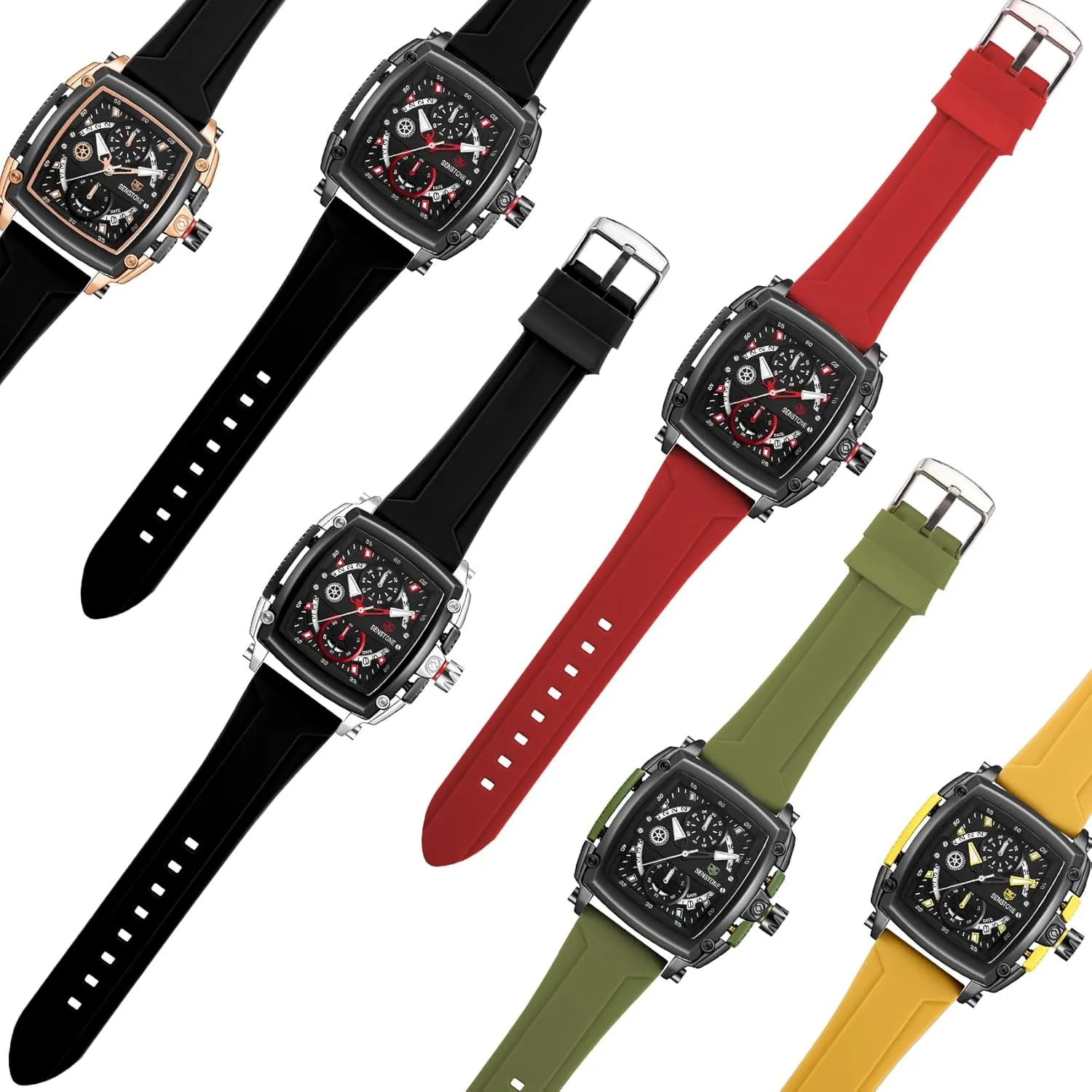 Mens Watch Square Fashion Sports Multifunction Chronograph Quartz Analog Wristwatch Gift for Men Rubber Band Silicone Strap Watches