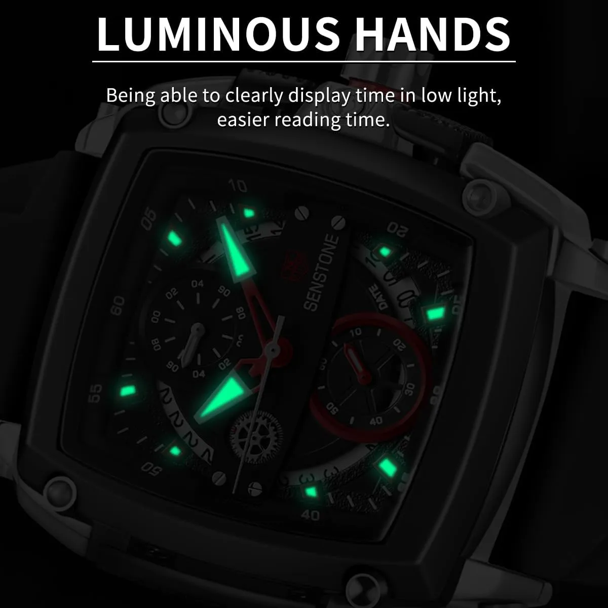 Mens Watch Square Fashion Sports Multifunction Chronograph Quartz Analog Wristwatch Gift for Men Rubber Band Silicone Strap Watches