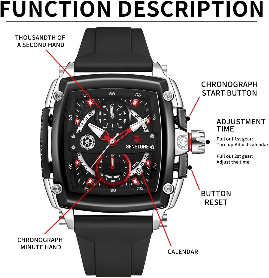 Mens Watch Square Fashion Sports Multifunction Chronograph Quartz Analog Wristwatch Gift for Men Rubber Band Silicone Strap Watches
