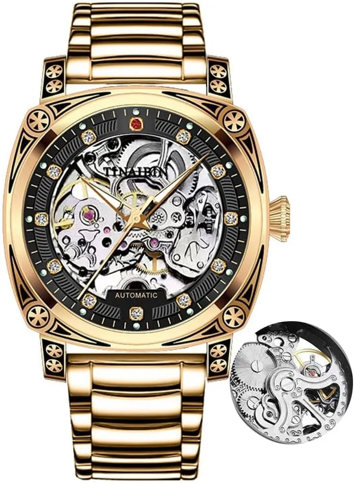 Mens Watches Hollowed Out Automatic Mechanical Watch Square Dial Personalized Luminous Waterproof Casual Business Wristwatch Set with Diamonds