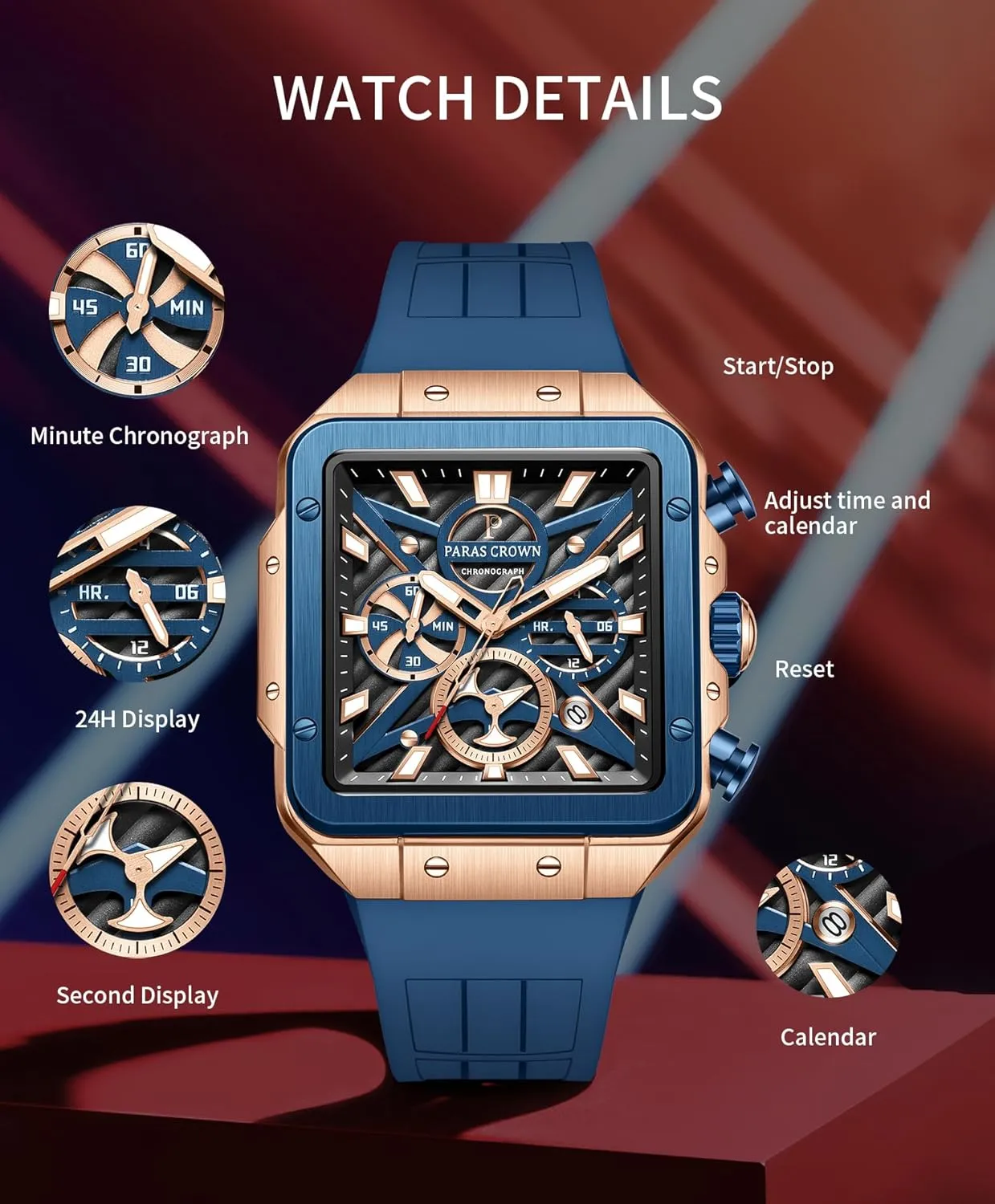 Mens Watches Ultra-Thin Square Stainless Steel case Silicone Strap with Analog Quartz for Chronograph Luminous Calendar Waterproof for Quartz Watch for Men