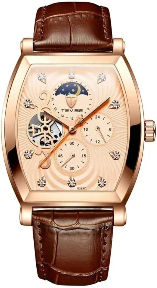 Men's Wine Barrel Square Dial Fully Automatic Mechanical Watch with Hollow Out Design Waterproof Leather Luminous Men's Watch
